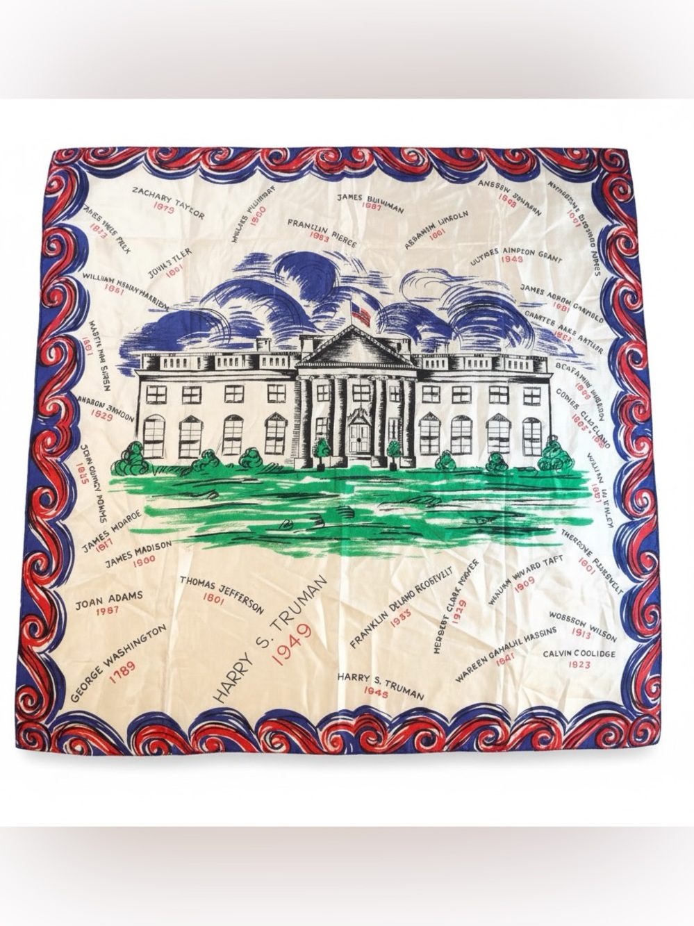 Vintage 1949 Pure Silk Scarf White House US Presidents Americana Novelty 29x29